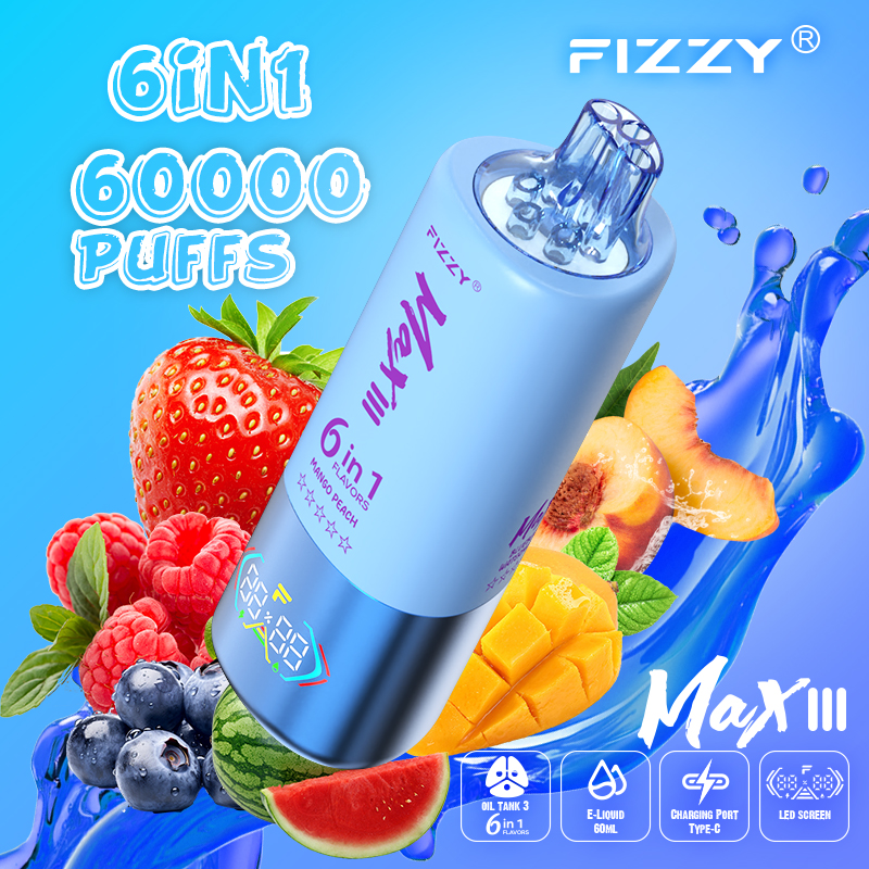 FIZZY Max III 60000 Puffs 6-in-1 flavors LED Screen Rotational Mouthpiece Triple Mesh Coil Disposable Vape 12 FIZZY Max III 60000 Puffs 6-in-1 flavors LED Screen Rotational Mouthpiece Triple Mesh Coil Disposable Vape