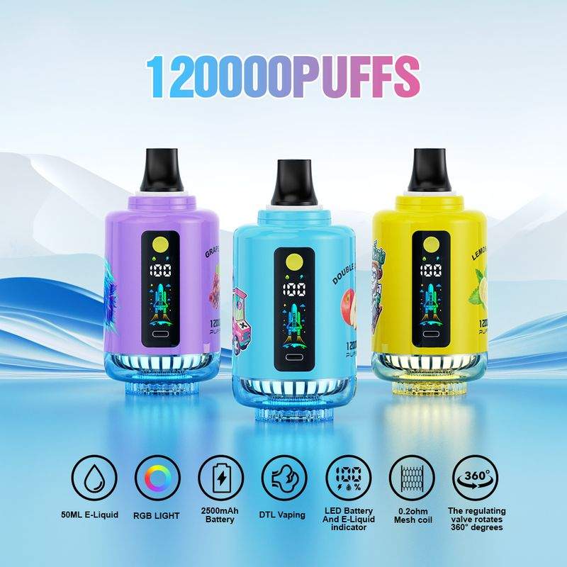 ATUS Hookah Shisha 120K Puffs LED Display RGB Light DTL Puff 2500 mAh Battery 360 Degree Valve Disposable Vape