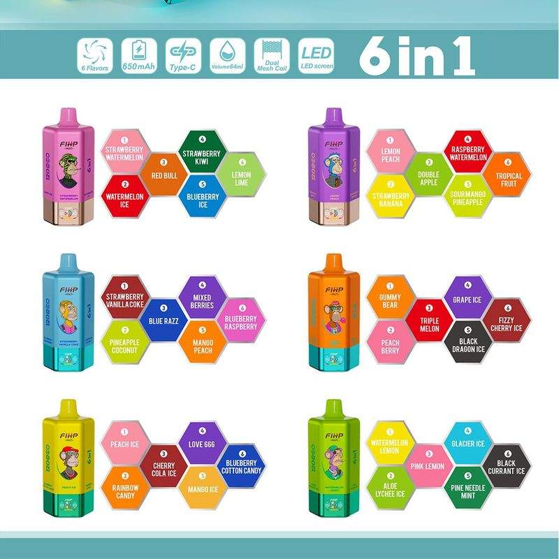 FIHP Multi 6-in-1 Flavors 120K Puffs 6 Distinct Flavors LED Screen Display Dual Mesh Coils Disposable Vape 8 FIHP Multi 6-in-1 Flavors 120K Puffs 6 Distinct Flavors LED Screen Display Dual Mesh Coils Disposable Vape