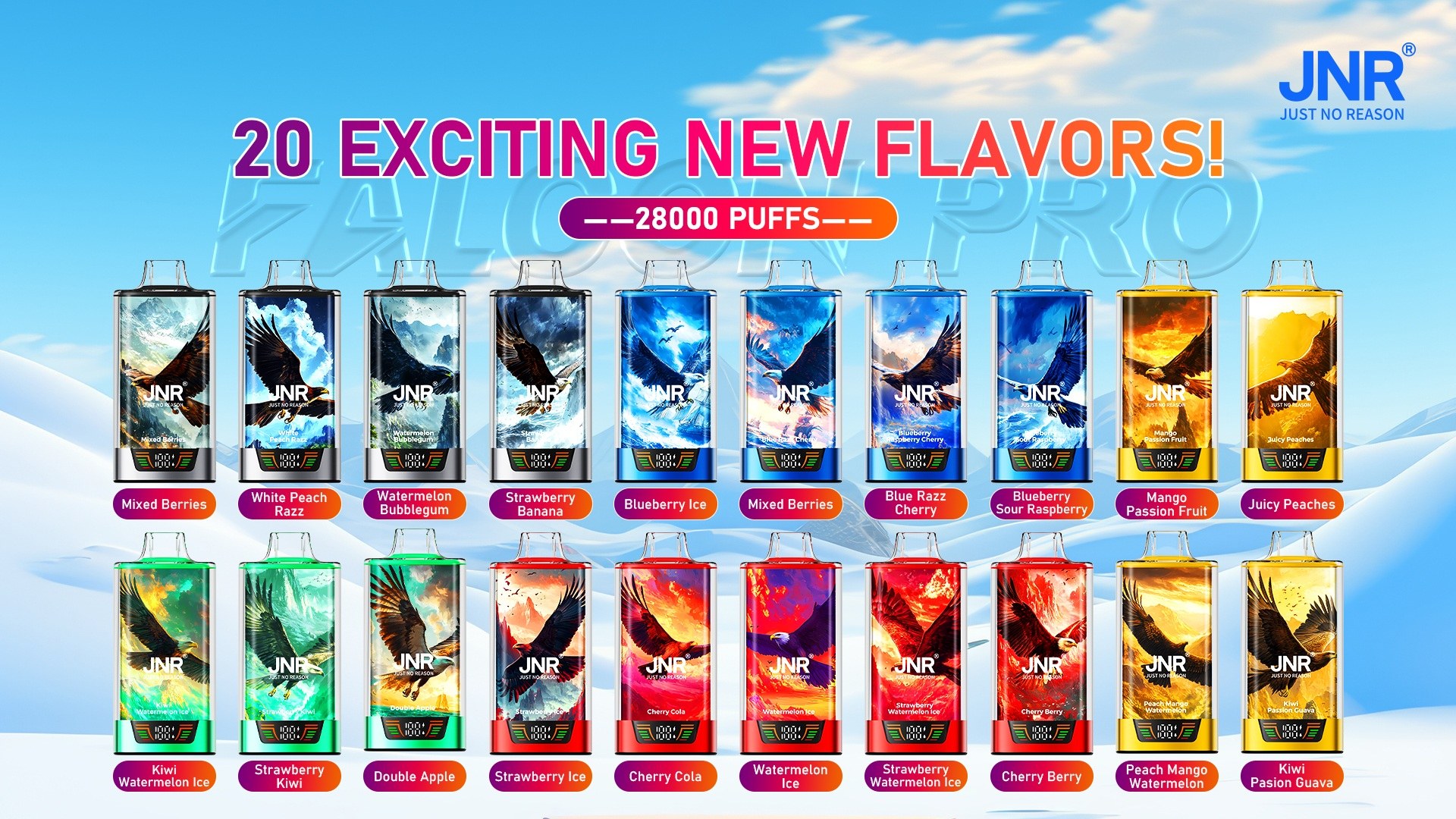 JNR Falcon Pro 28000 28K Puffs Epic #1 France Crystal LED Screen Advanced Mesh Coil Disposable Vape 14 JNR Falcon Pro 28000 Puffs LED Screen Advanced Mesh Coil Disposable Vape flavor list