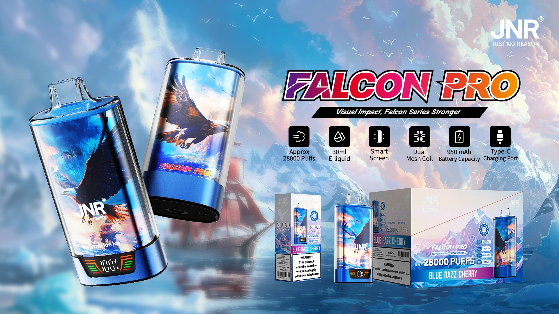 JNR Falcon Pro 28000 28K Puffs Epic #1 France Crystal LED Screen Advanced Mesh Coil Disposable Vape 13 JNR Falcon Pro 28000 Puffs LED Screen Advanced Mesh Coil Disposable Vape poster