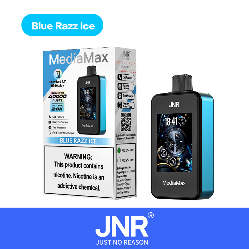 JNR Media Max 40000 Puffs Reliable Phone Call Text Camera Vape Large LED Screen Adjustable Airflow Disposable Vape 11 JNR Media Max 40000 Puffs Disposable vape Blue Razz Ice