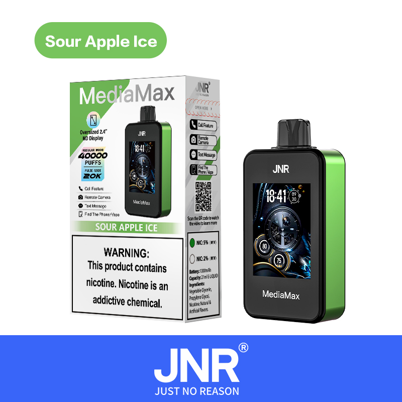 JNR Media Max 40000 Puffs Reliable Phone Call Text Camera Vape Large LED Screen Adjustable Airflow Disposable Vape 5 JNR Media Max 40000 Puffs Disposable vape Sour Apple Ice