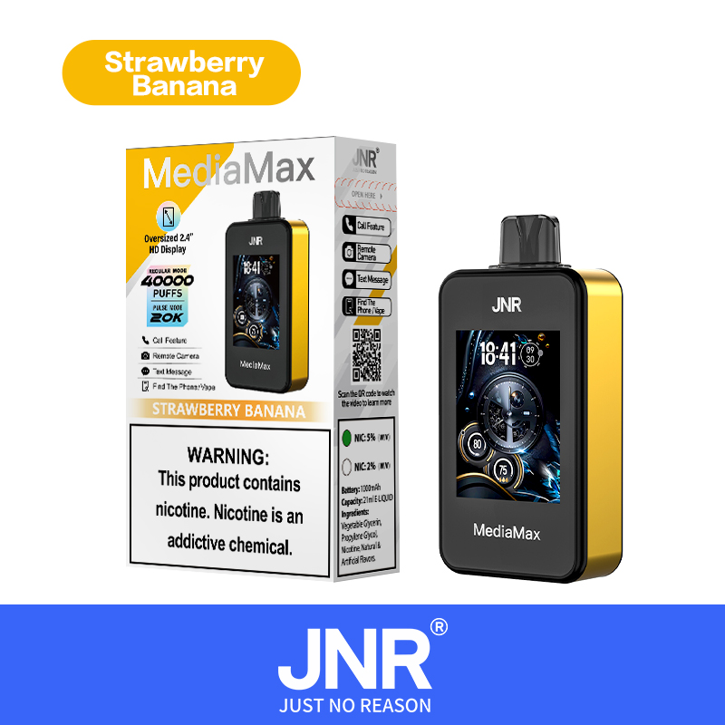 JNR Media Max 40000 Puffs Reliable Phone Call Text Camera Vape Large LED Screen Adjustable Airflow Disposable Vape 4 JNR Media Max 40000 Puffs Disposable vape Strawberry Banana