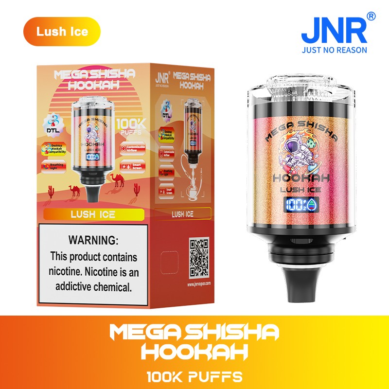 JNR Mega Shisha Hookah 100000 Puffs Outstanding DTL LED Screen Adjustable Airflow Hookah Style Disposable Vape 10 JNR Mega Shisha Hoohah 100000 Puffs DTL Hookah Style Disposable Vape Lush-Ice