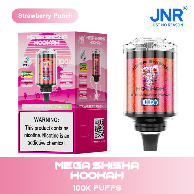 JNR Mega Shisha Hookah 100000 Puffs Outstanding DTL LED Screen Adjustable Airflow Hookah Style Disposable Vape 12 JNR Mega Shisha Hoohah 100000 Puffs DTL Hookah Style Disposable Vape Strawberry-Punch