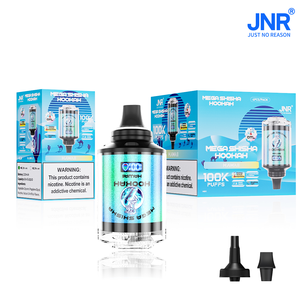 JNR Mega Shisha Hookah 100000 Puffs Outstanding DTL LED Screen Adjustable Airflow Hookah Style Disposable Vape 6 JNR Mega Shisha Hoohah 100K Puffs DTL Hookah Style Disposable Vape packaging