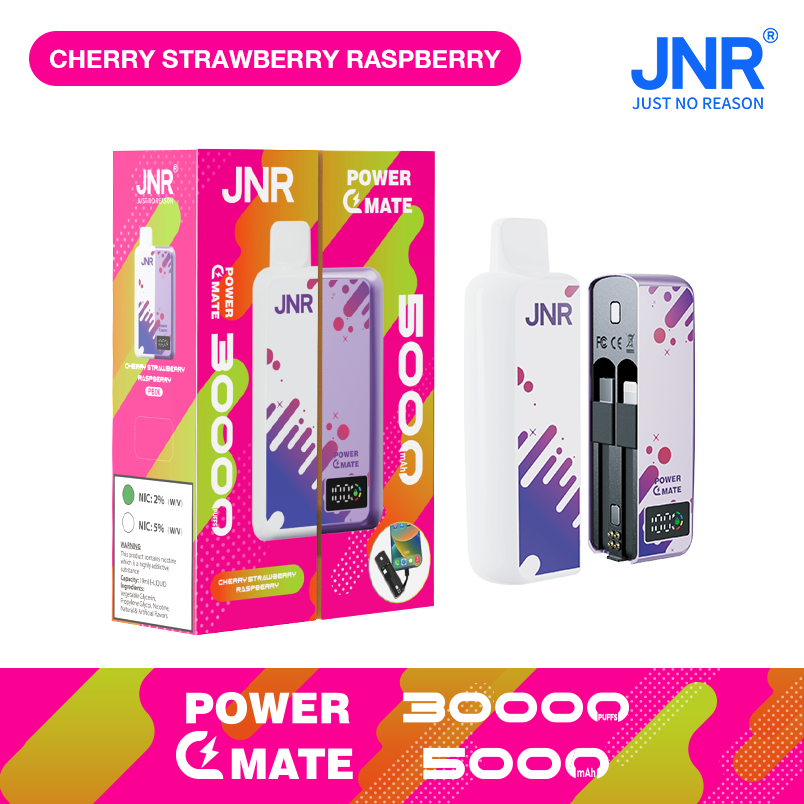 JNR POWER MATE 30000 Puffs New 5000 mAh Magnetic Power Bank Dual Charge Cables LED Screen Disposable Vape 10 JNR POWER MATE 30000 Puffs Power Bank Disposable Vape Cherry Strawberry Raspberry