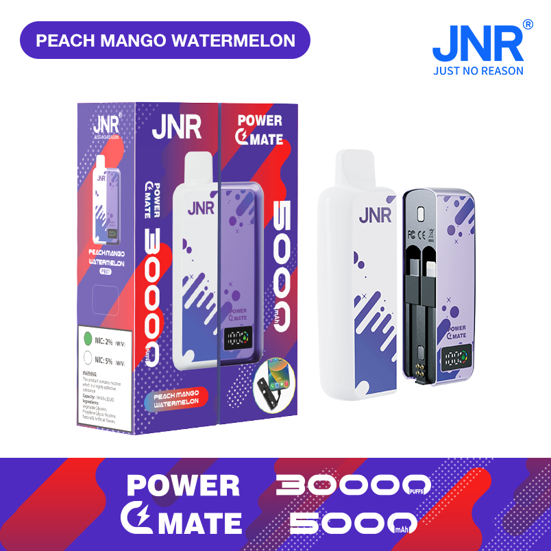 JNR POWER MATE 30000 Puffs New 5000 mAh Magnetic Power Bank Dual Charge Cables LED Screen Disposable Vape 1 JNR POWER MATE 30000 Puffs Power Bank Disposable Vape Peach Mango Watermelon