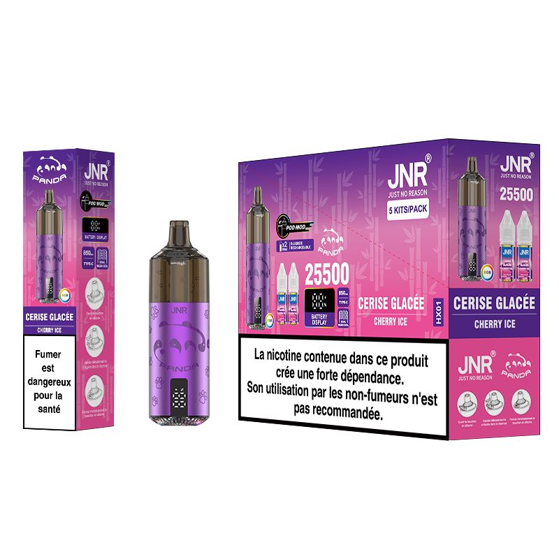 JNR Panda 25.5K 25500 Puffs Dynamic LED Screen RGB Light 2X10ml Refillable E-liquid Disposable Vape Kit 8 JNR Panda 25000 Puffs LED Screen Refillable Disposable Vape Kit Cherry-Ice