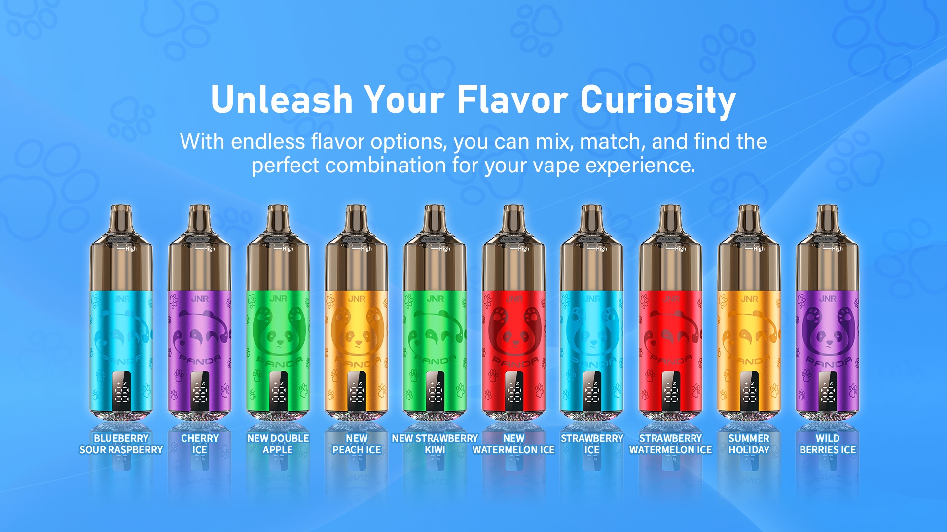 JNR Panda 25.5K 25500 Puffs Dynamic LED Screen RGB Light 2X10ml Refillable E-liquid Disposable Vape Kit 11 JNR Panda 25000 Puffs LED Screen Refillable Disposable Vape Kit flavor list