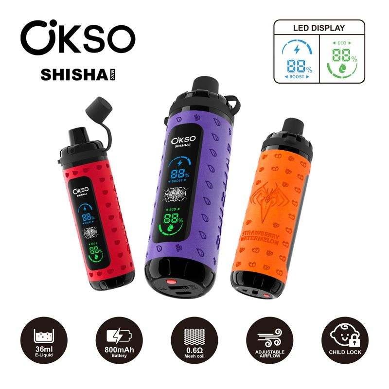 OKSO Shisha Max 40000 40K Puffs Adjustable Airflow Hookah Style LED Screen Childproof Lock Disposable Vape 12 OKSO Shisha Max 40000 40K Puffs Adjustable Airflow Hookah Style LED Screen Childproof Lock Disposable Vape - Image 12