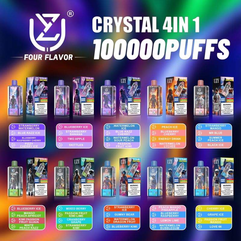 UZY CRYSTAL 100000 Puffs 4 w 1 Smaki Ekran LED Wyświetlacz Siatkowa cewka Jednorazowe Vape