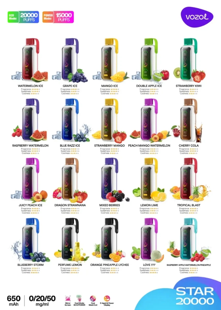 Vozol STAR 20000 Puffs LED Screen Display 5% Nicotine Anti-Dust Cap Disposable Vape 3 Vozol STAR 20000 Puffs LED Screen Adjustable Airflow Disposable Vape flavor list