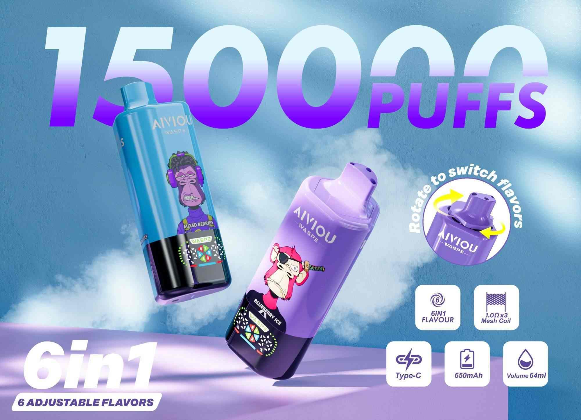 WASPE Aiviou 6-in-1 150K Puffs Incredible 6 Adjustable Flavors LED Display 2%5% Nicotine Disposable Vape 2 WASPE 6-in-1 150K Disposable Vape amazing