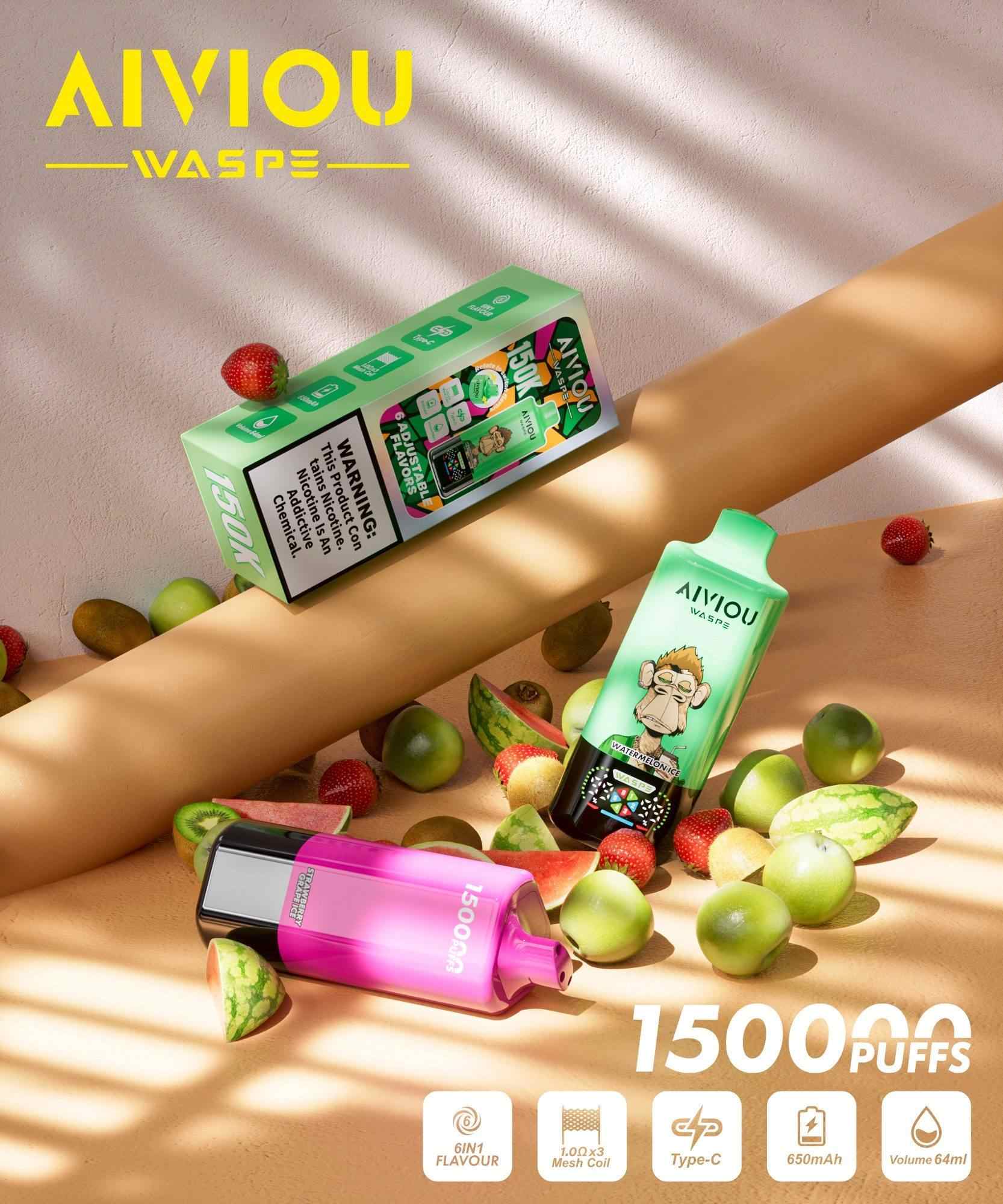 WASPE Aiviou 6-in-1 150K Puffs Incredible 6 Adjustable Flavors LED Display 2%5% Nicotine Disposable Vape 7 WASPE 6-in-1 150K Disposable Vape hottest