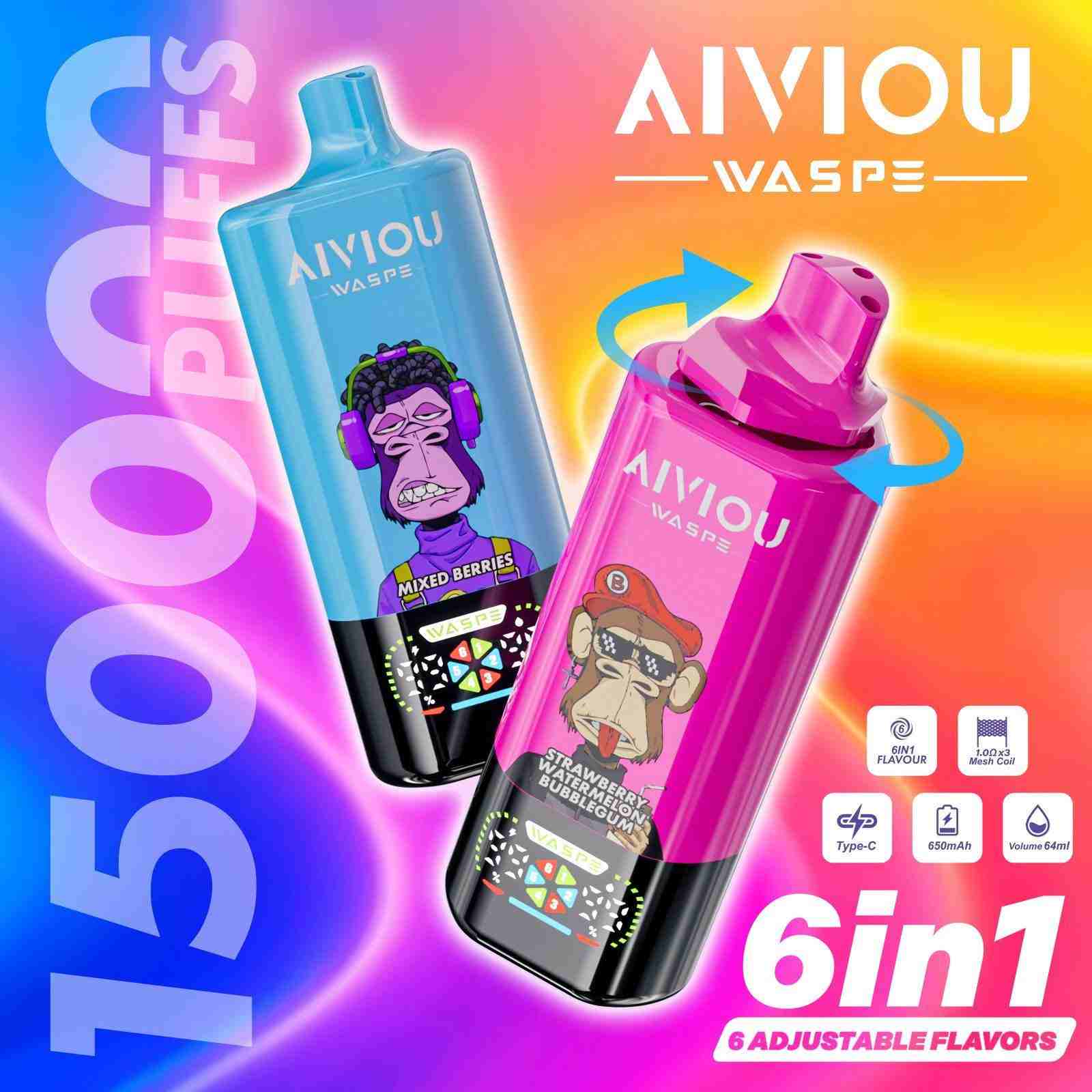 WASPE Aiviou 6-in-1 150K Puffs Incredible 6 Adjustable Flavors LED Display 2%5% Nicotine Disposable Vape 1 Barvapepro - WASPE Aiviou 6 em 1 150K Puffs Vaporizador descartável Loja online grossista ofertas baratas
