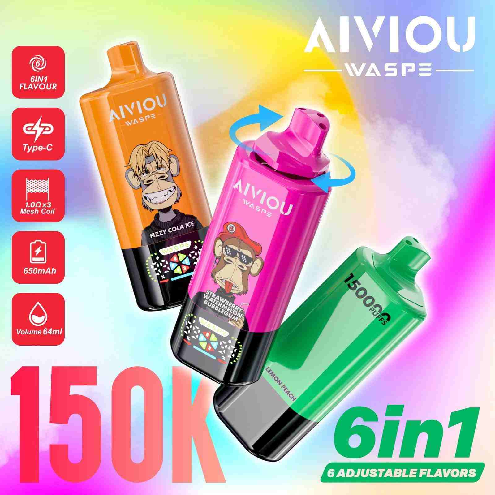 WASPE Aiviou 6-in-1 150K Puffs Incredible 6 Adjustable Flavors LED Display 2%5% Nicotine Disposable Vape 3 WASPE-6-in-1 150K Disposable Vape popular