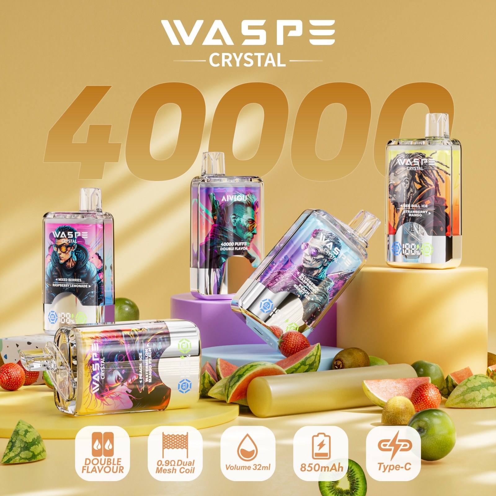 WASPE Crystal Double Flavors 40000 Puffs Authentic 2-in-1 Flavors LED Screen Dual mesh coil Disposable Vape 1 Waspe Crystal 40000 Puffs Double Flavor Vape cheap