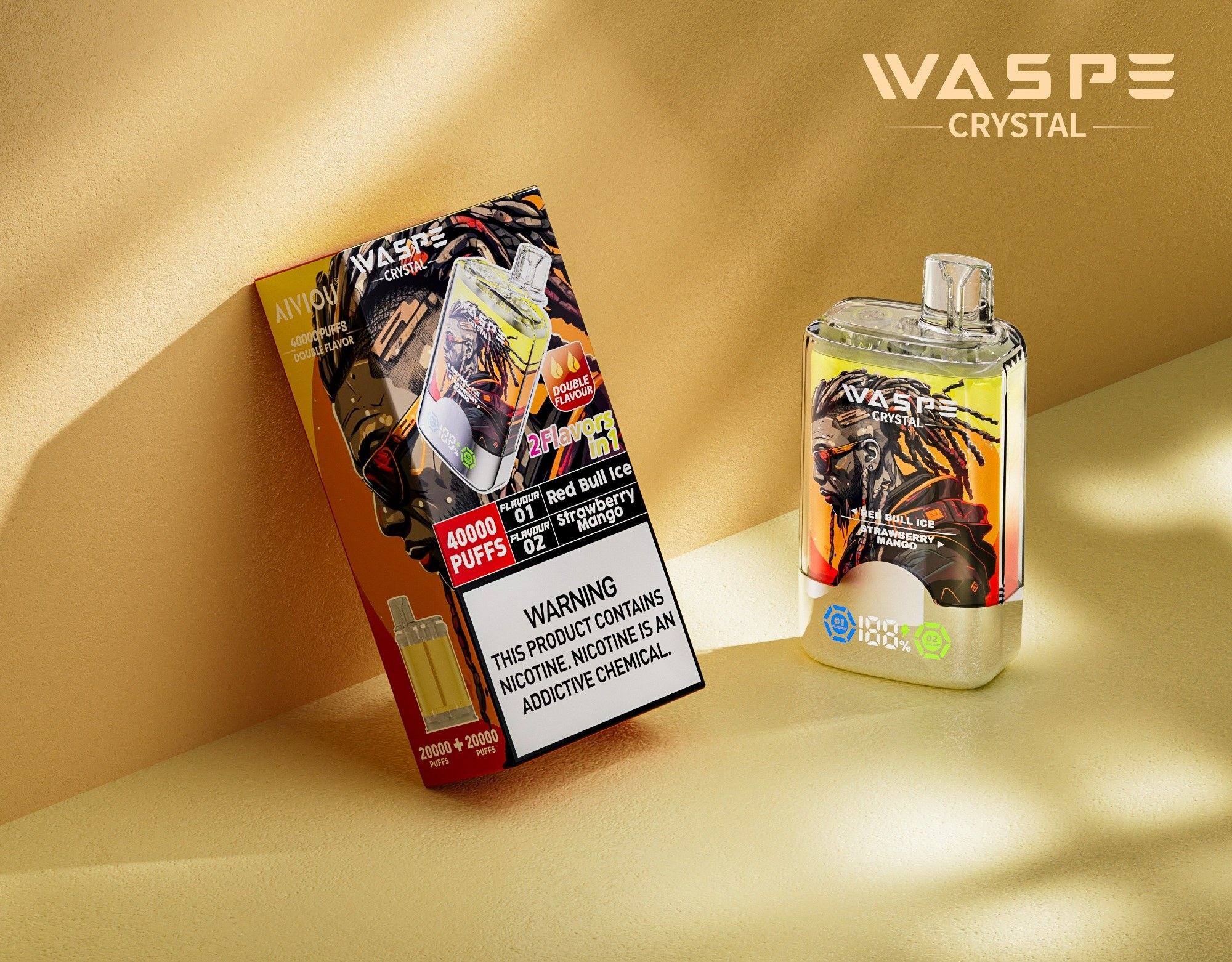 WASPE Crystal Double Flavors 40000 Puffs Authentic 2-in-1 Flavors LED Screen Dual mesh coil Disposable Vape 2 Waspe Crystal 40000 Puffs Double Flavor Vape wholesale
