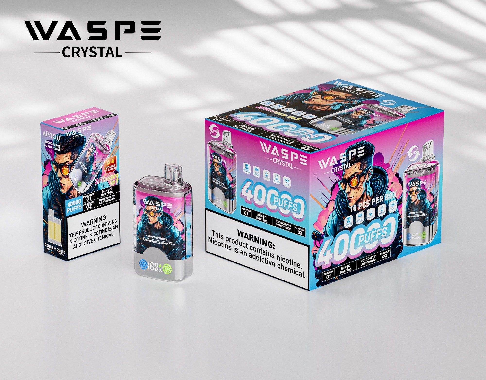 WASPE Crystal Double Flavors 40000 Puffs Authentic 2-in-1 Flavors LED Screen Dual mesh coil Disposable Vape 6 Waspe Crystal 40000 Puffs Double Flavor Vape flavor 4