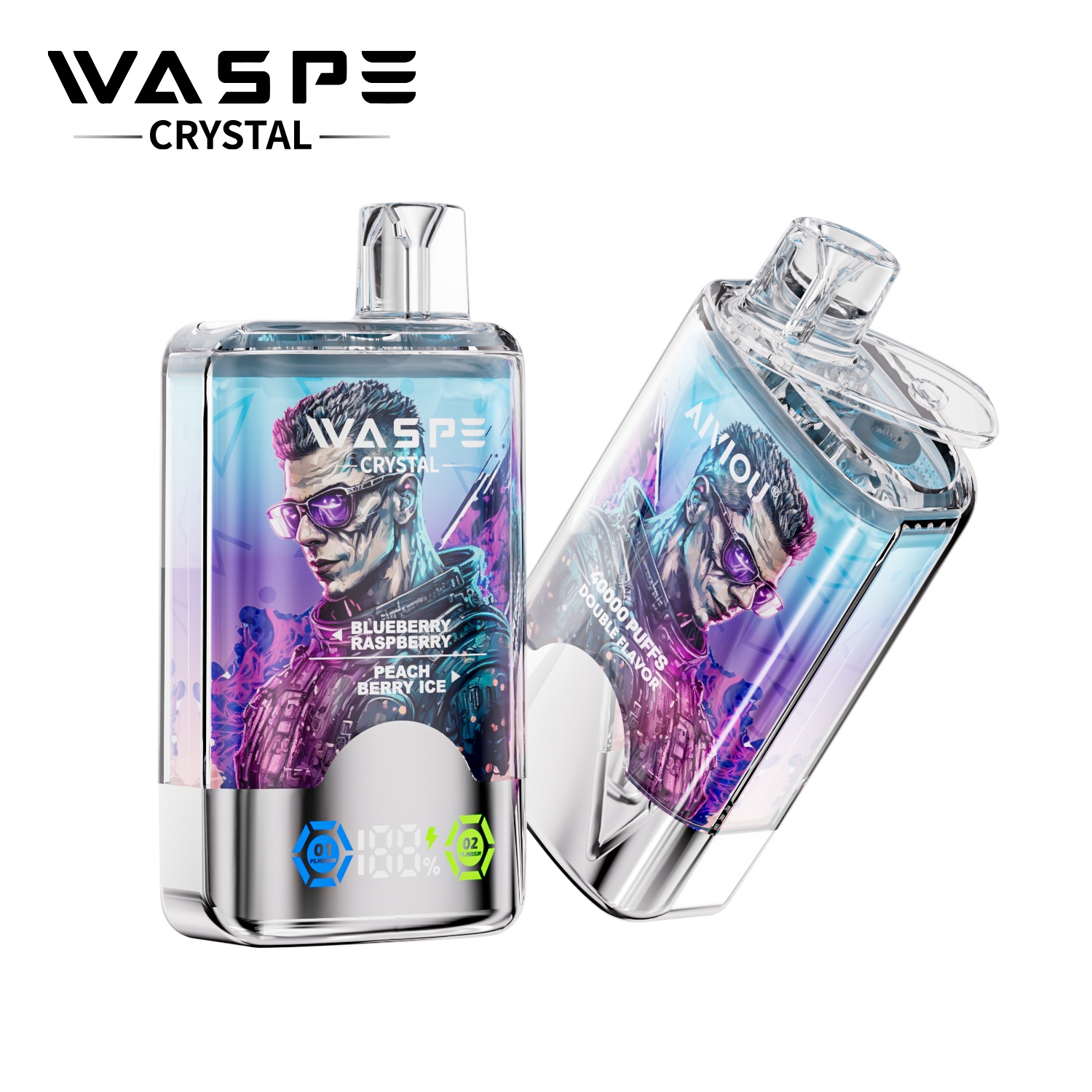 WASPE Crystal Double Flavors 40000 Puffs Authentic 2-in-1 Flavors LED Screen Dual mesh coil Disposable Vape 4 Waspe Crystal 40000 Puffs Double Flavor Vape flavor 2